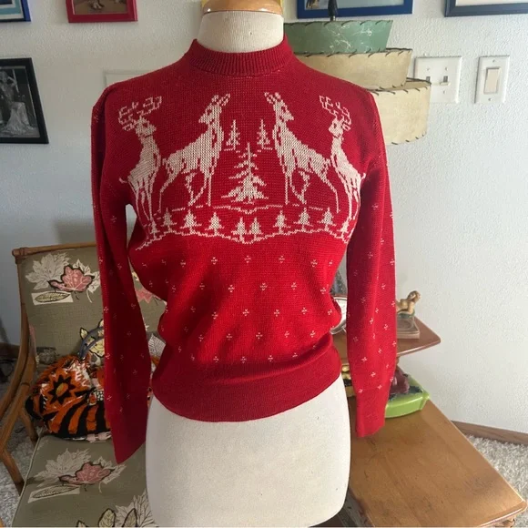 Vintage 1940s Sweater4 DeerNoveltyRedWoolS M40sSki